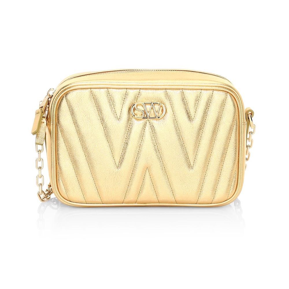NWT STUART WEITZMAN Reana Quilted Metallic Leather Camera Bag in Gold